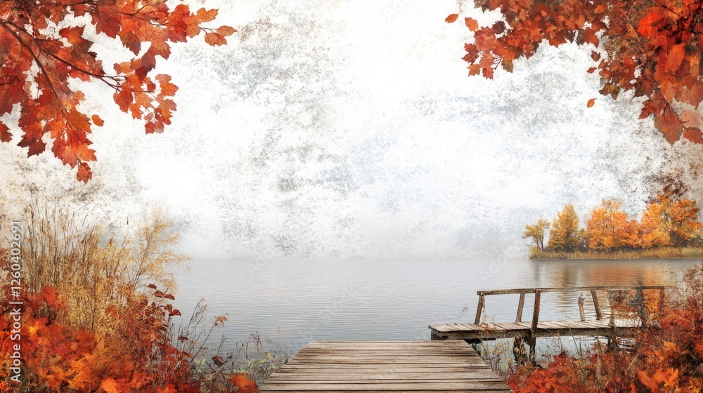 Aufkleber serene autumn lake view featuring a wooden dock surrounded by vibrant fall foliage and a blurred bac