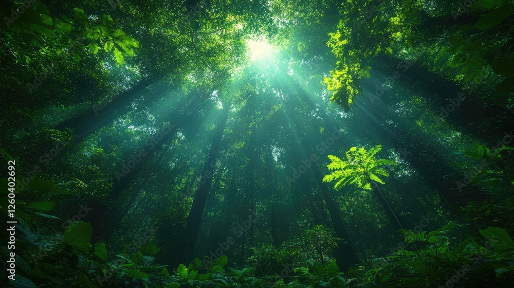 Poster rainforest canopy viewed from the ground with sunlight filtering through trees creating a serene atm