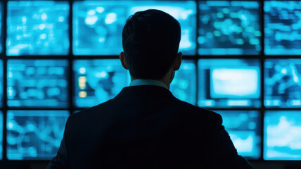 professional observing multiple screens displaying data and analytics in high tech environment