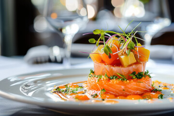close up horizontal detailed image of a fancy fish dish served in a fine dining restaurant
