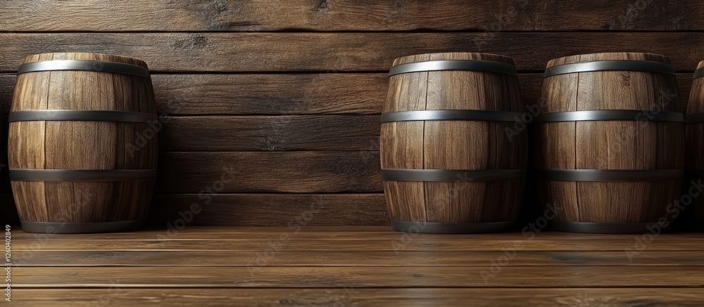 Poster wooden barrels stacked in a dimly lit distillery cellar with textured wooden walls and ample space f