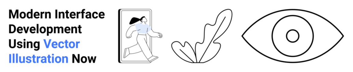 Human walking out from screen, abstract leaf, minimalist eye graphic. Ideal for design, innovation, vision, technology, creativity, online marketing flat landing page banner