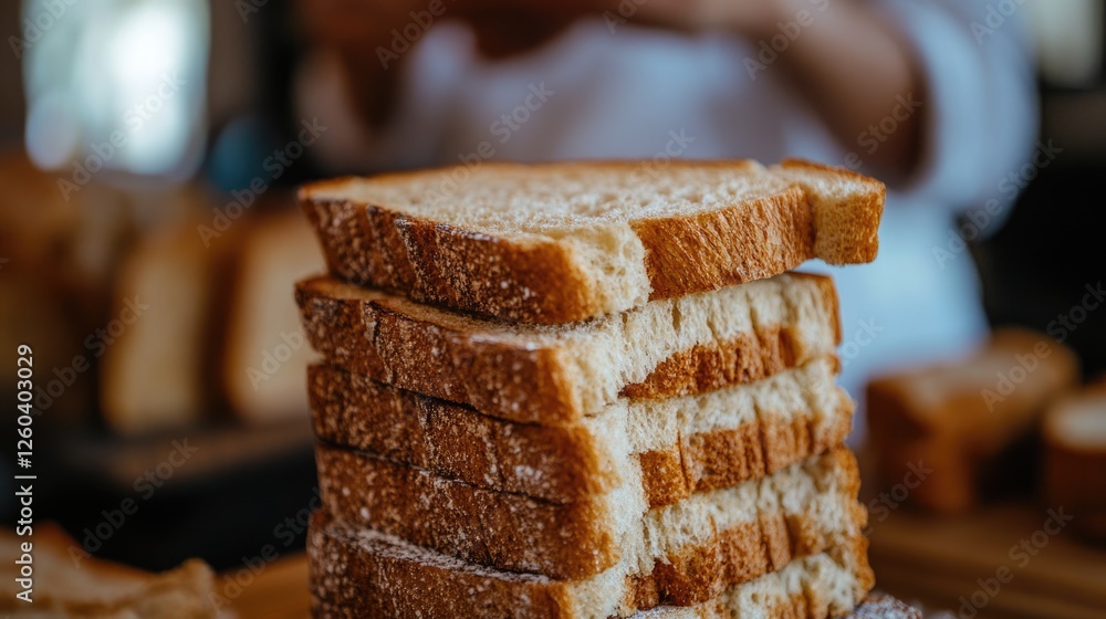 Poster crispy toast bread stack on wooden surface with blurred person in background creating a cozy culinar