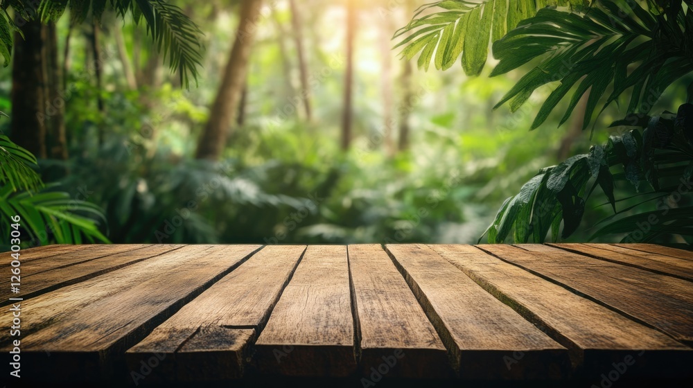 Aufkleber rustic wooden tabletop in lush tropical forest with heavy grain and natural texture ideal for creati