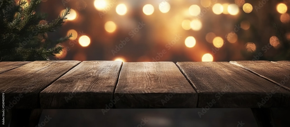 Poster wooden table with blurred background and bokeh lights creating an inviting restaurant atmosphere wit
