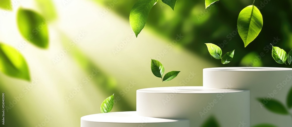 Poster three dimensional white podium with green background and leaf shadows ideal for product display and 