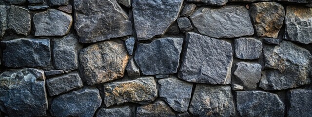 Textured dark grey stone wall background with empty space for creative design and text application in various projects.