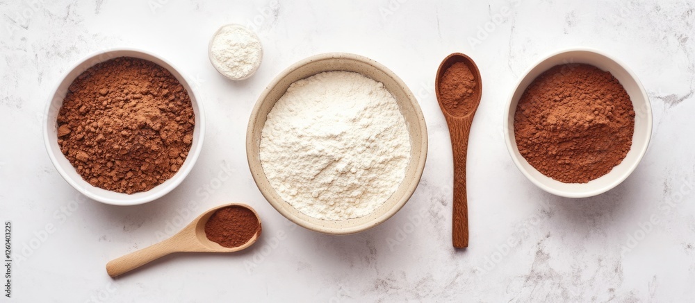 Poster vegan chocolate cake ingredients arranged with cocoa powder and empty space for text on a marble cou