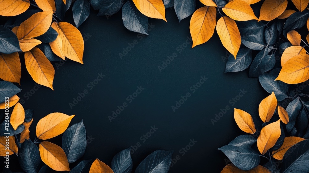 Poster vibrant yellow autumn leaves framing dark background with empty space for text placement and creativ
