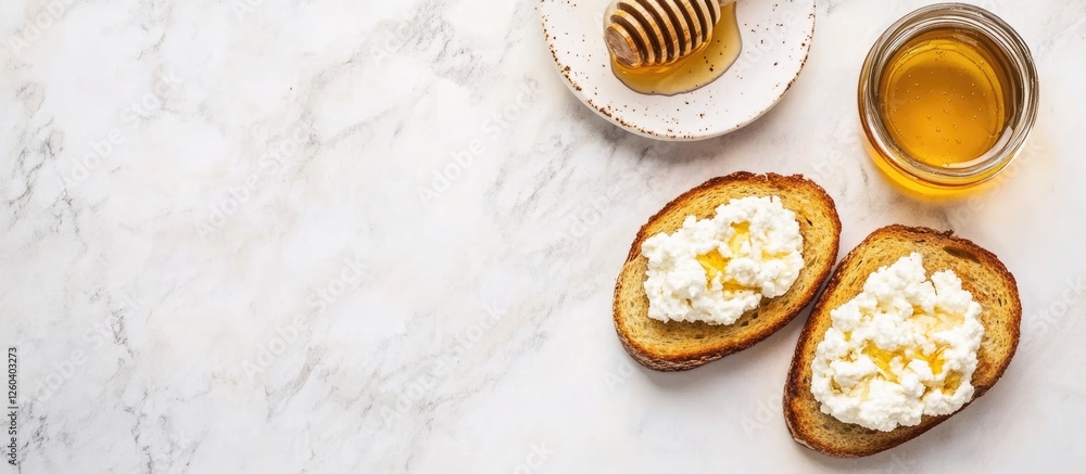 Poster delicious toast topped with ricotta cheese and honey on marble background with space for text or rec