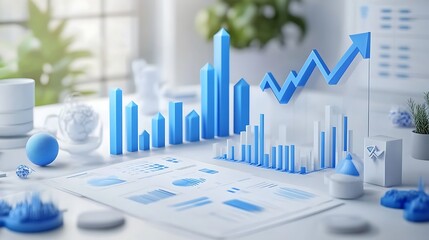 3D Business Growth Illustration with Blue Charts, Abstract 3D illustration of business growth with blue charts and graphs