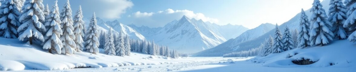 Obraz premium Frozen landscape with snow-covered trees and mountains in the background, icy grip, rugged terrain