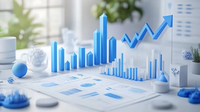 3D Business Growth Illustration with Blue Charts, Abstract 3D illustration of business growth with blue charts and graphs