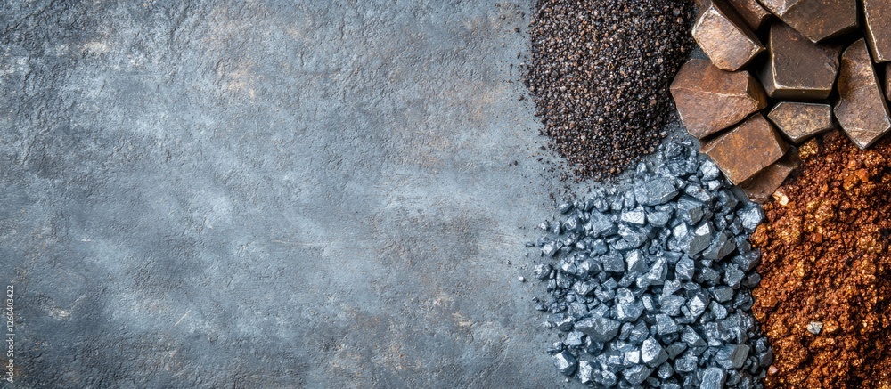 Poster diverse collection of metal ores on textured gray background with ample space for text and branding 
