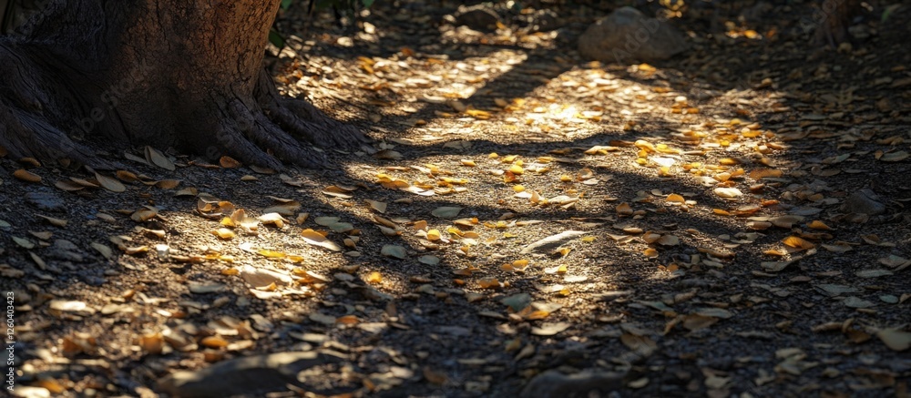 Poster sunlight casting intricate shadows on forest floor with scattered leaves and tree trunk details crea