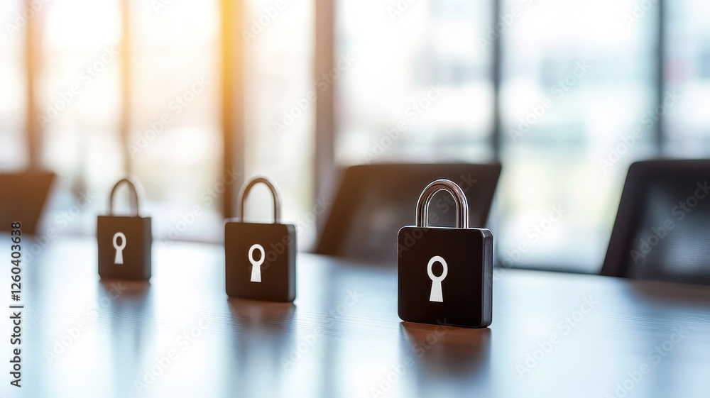 Poster secure locks on table symbolize data protection and security measures in corporate environment