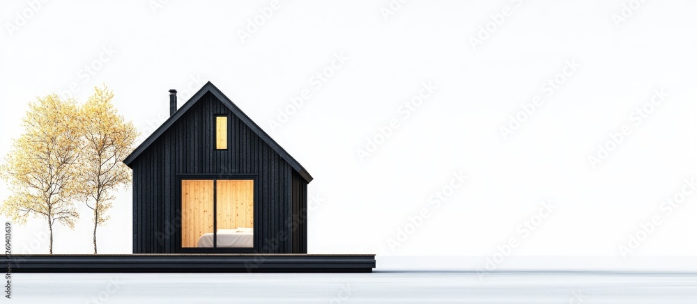 Poster minimalist 3d rendering of a tiny timber house with trees and blank space for text ideal for adverti