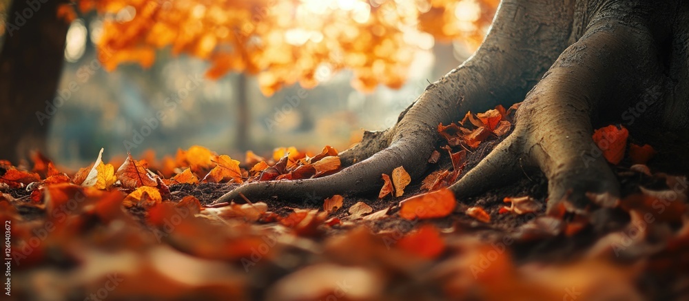 Poster beech tree roots surrounded by vibrant autumn leaves in a serene natural setting with soft bokeh lig