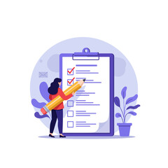 Woman Completing Checklist with Pencil on Clipboard Vector Illustration