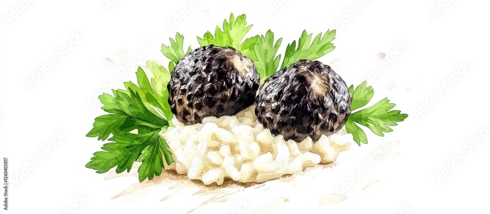 Poster truffle risotto with fresh parsley and empty space for custom text overlay