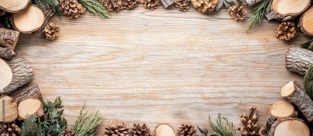 Poster woodpile with assorted wood types and natural elements framing a blank textured background for custo