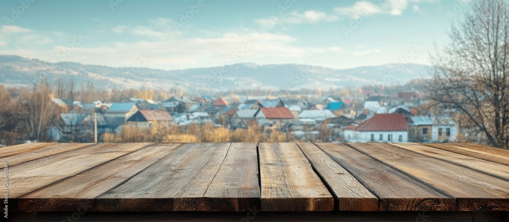 Aufkleber rustic wooden table with a serene village landscape in the background and ample empty space for cust