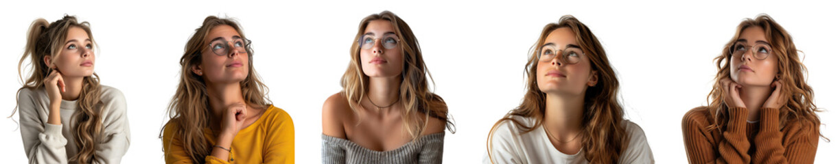 young woman thinking idea concept on transparent background Collection set