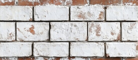 Fototapeta premium Weathered red brick wall with white mortar showcasing texture and decay ideal for graphic design and background features.