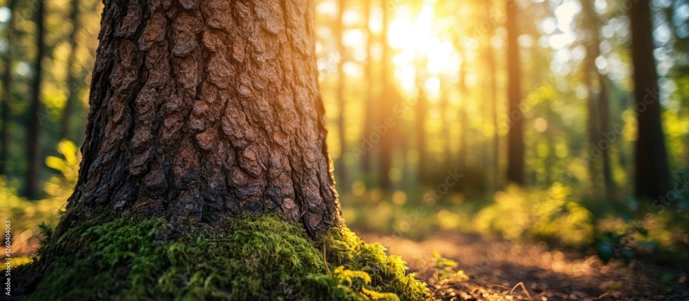 Aufkleber pine tree trunk showcasing vibrant textures in a sunlit forest landscape with soft greenery and warm
