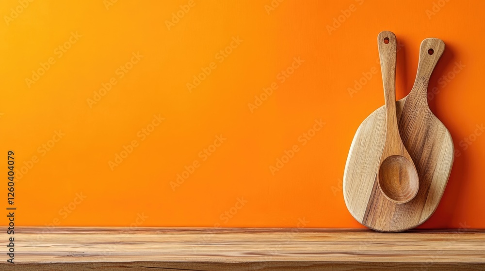 Poster wooden table with orange background for displaying kitchenware and ample copy space for text or bran