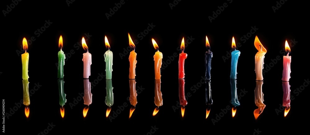 Poster colorful candles burning with reflections against a black background empty space for text and design