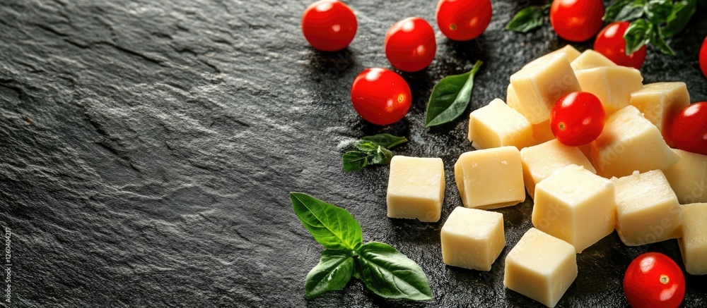 Poster cheese cubes and cherry tomatoes on slate surface with empty space for text à¦¸