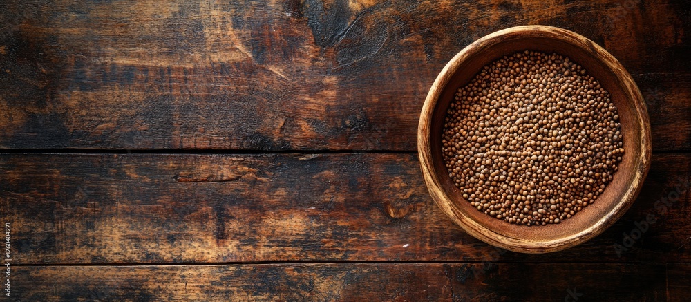 Poster wooden table featuring a bowl of seeds in earthy tones with ample negative space for text and design
