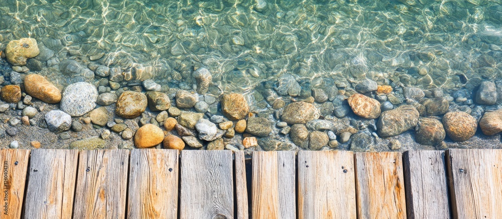 Poster wooden jetty over clear water showcasing pebbles with ample empty space for text and branding opport