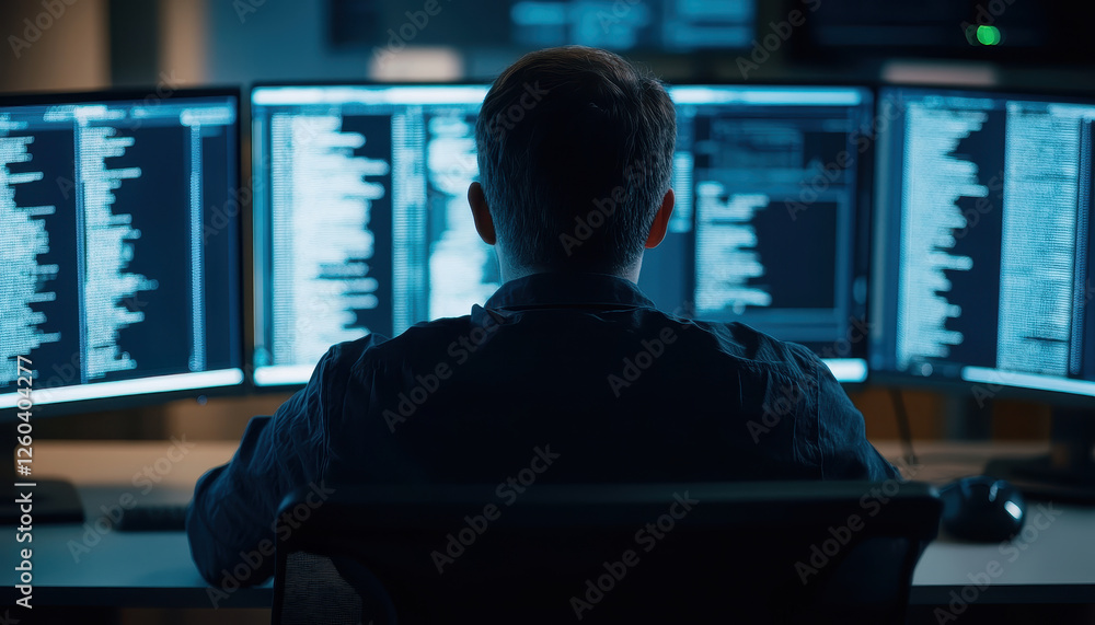 Poster focused individual analyzes data on multiple screens in high tech cybersecurity environment, showcas
