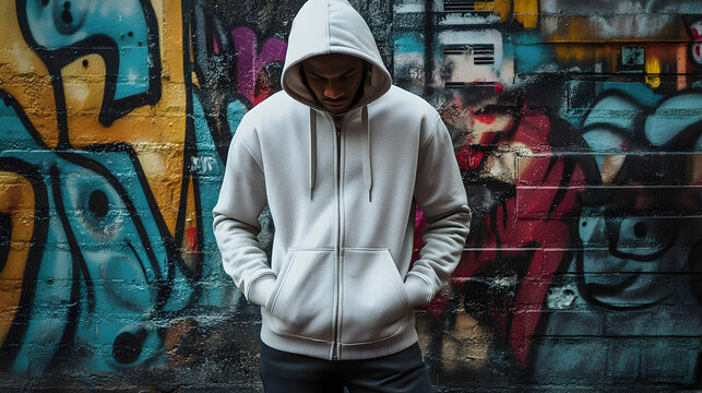 model wearing a plain zip-up hoodie with hands in pockets standing near a graffiti wall 