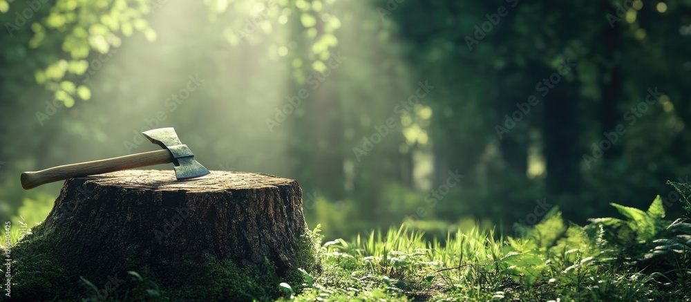Poster woodman's axe on a tree stump in a forest with soft light and empty space for text showcasing nature