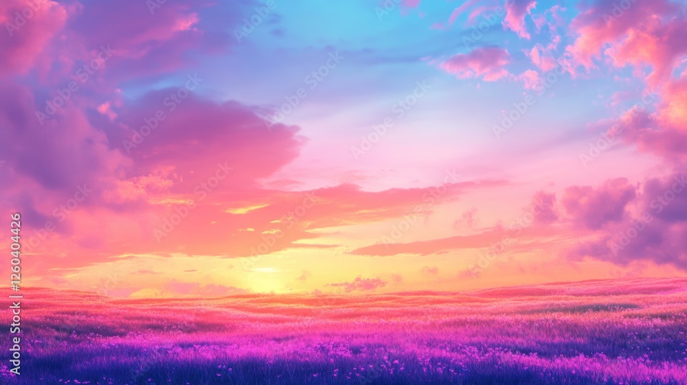 Poster vibrant sunset over a colorful field with clouds and ample space for text creating a serene and visu