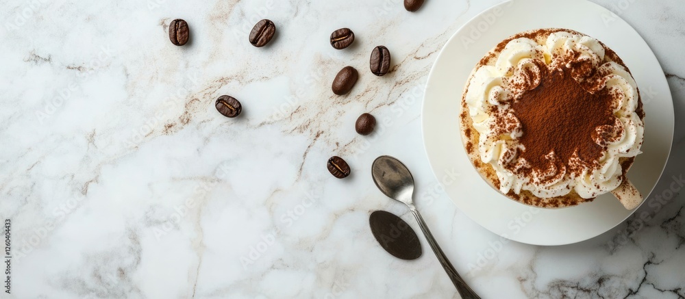 Poster delicious tiramisu dessert and espresso coffee on a marbled table with empty space for text on the r