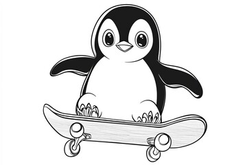 Obraz premium Cute penguin vector illustration playing skateboard. Black and white outline coloring book.