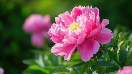 Obraz premium Vibrant Pink Peony Flowers in Bloom with Lush Green Background and Blank Space for Text or Design Elements