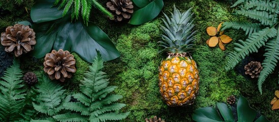 Tropical pineapple surrounded by moss, ferns, and pine cones creating a vibrant natural composition from an aerial perspective.