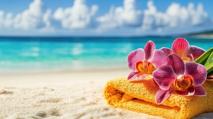 Fototapeta premium Tropical Orchid Beach Towel on Sandy Shore with Turquoise Water and Soft Clouds Ideal for Summer Vacation or Relaxation Themes