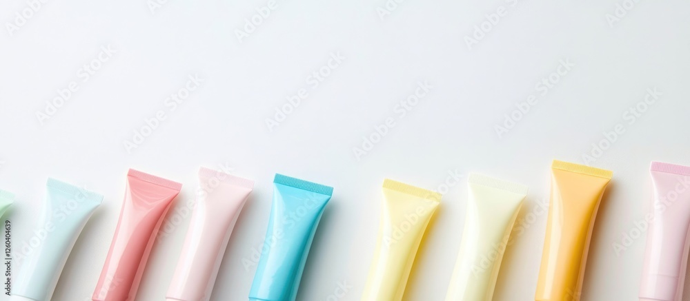 Poster pastel colored toothpaste tubes arranged on white background with ample empty space for product adve
