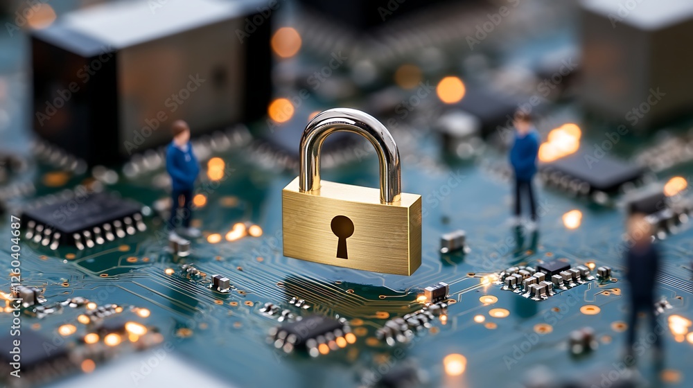 Poster a secure digital environment represented by a golden lock on a circuit board