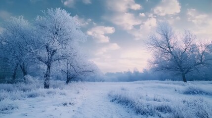 Winter Wonderland with Frosty Trees and Cloudy Sky Ideal for Text Overlay in 4K Time Lapse Footage