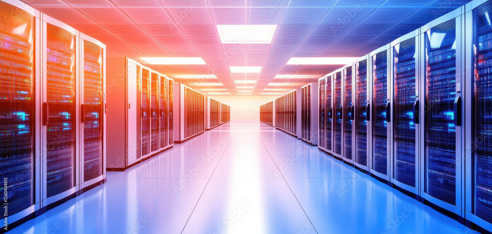 Aufkleber modern data center with rows of servers illuminated by vibrant lights, showcasing advanced technolog