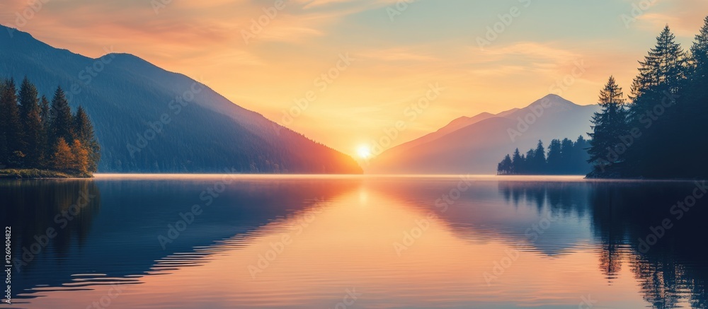 Poster tranquil sunset reflection on a serene lake surrounded by mountains and trees with ample space for t