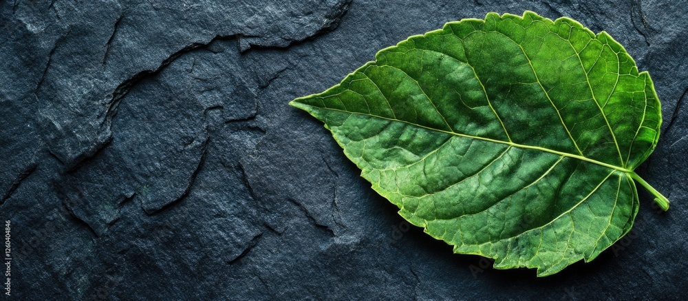 Poster top view of a fresh green plant leaf on textured dark background with ample space for ecological or 