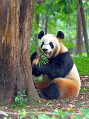 Obraz premium A panda bear eating bamboo in a serene forest clearing.
